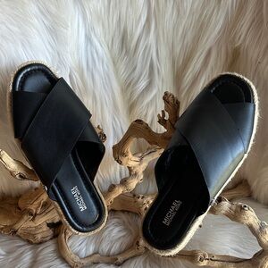 MICHAEL Michael Kors Black Leather Crisscross Espadrille Slides/36M